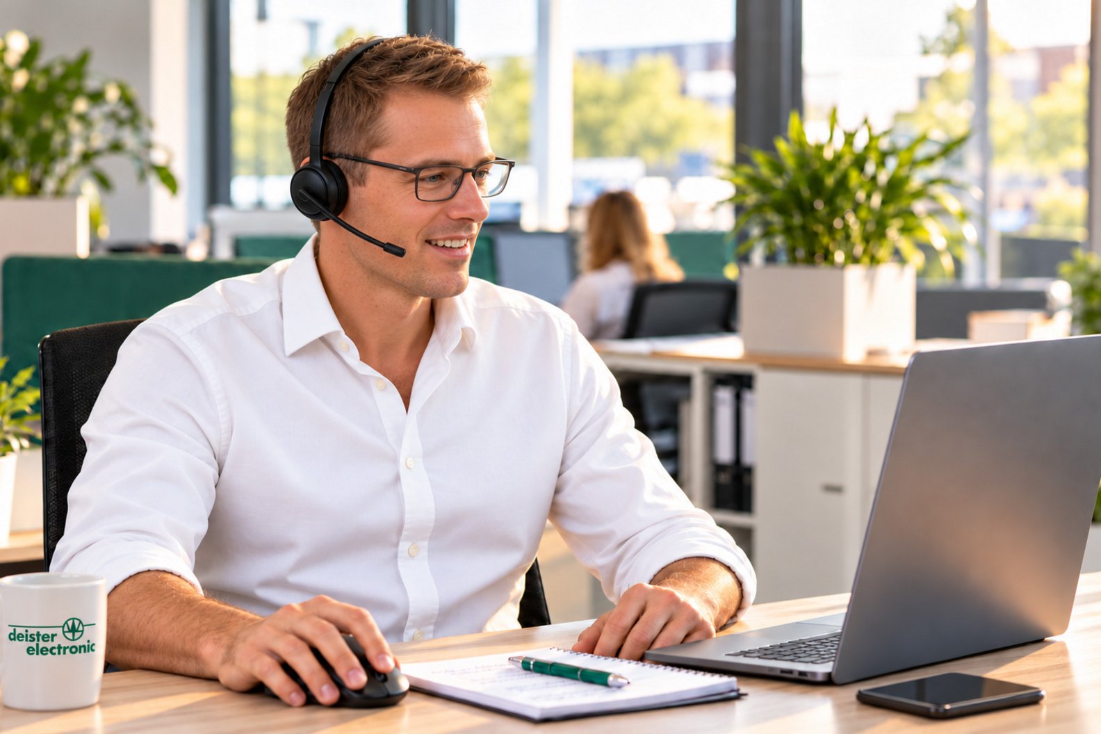 Submit a request Man talking on the phone in the office